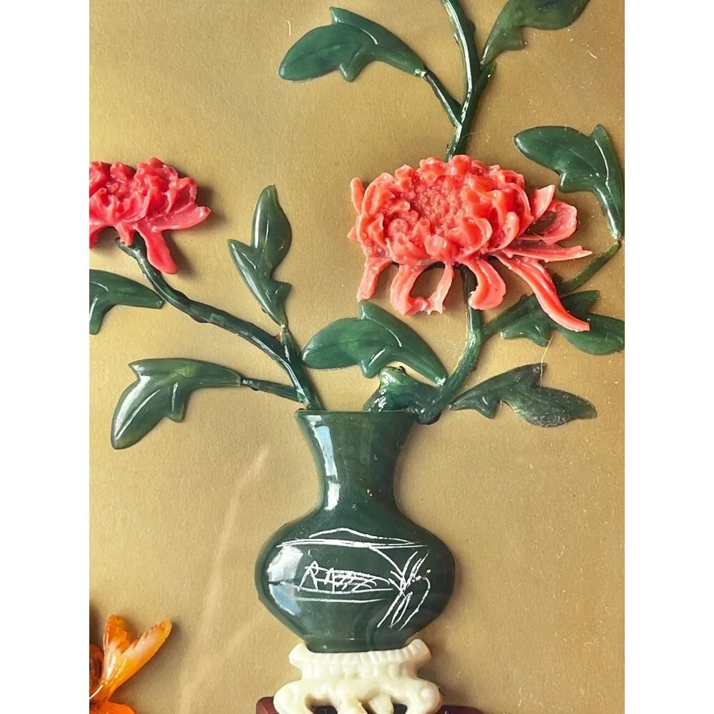 Chinese Carved faux Coral & Faux Jade Wall Art With Vase & Fish Design In Black - Picture 2 of 13